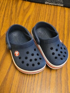 CROCS Kids Navy Clogs with Red and White Stripe